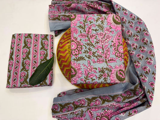 Silkcloud Bloom Handblock Printed Cotton Suit Set with mul mul Dupatta