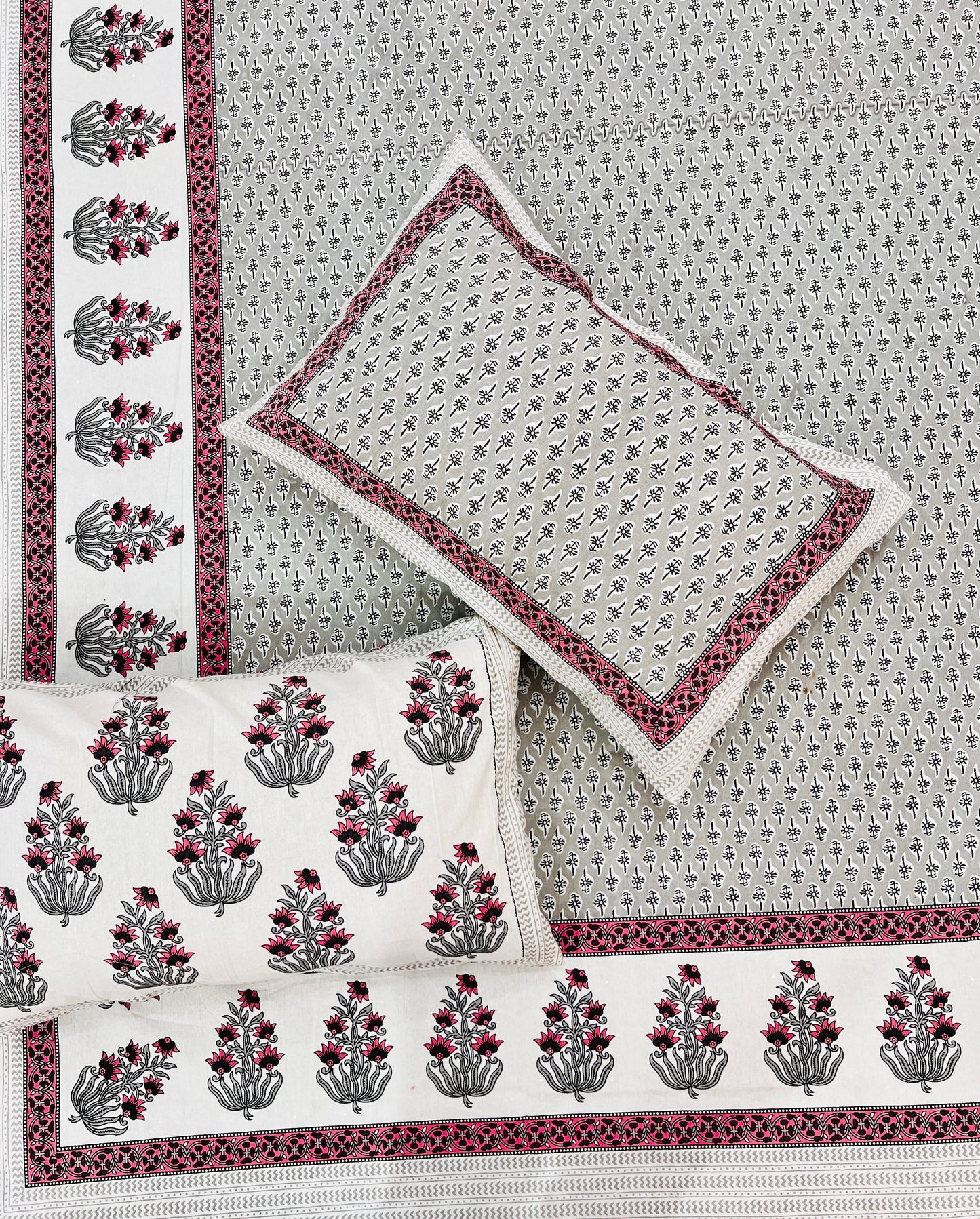 Silver Bloom Handblock Printed Bedsheet