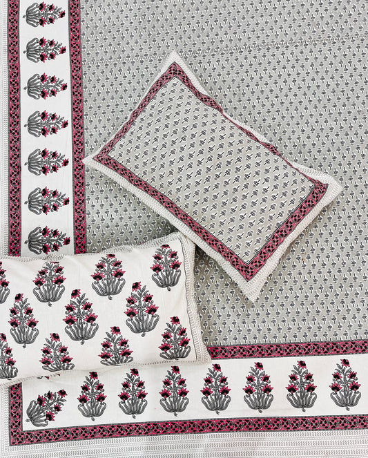 Silver Bloom Handblock Printed Bedsheet