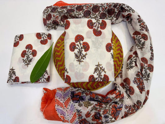 Mulmul Muse Handblock Printed Cotton Suit Set with mul mul Dupatta