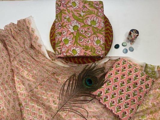Noorja Weave – Handblock Printed Cotton Suit Set with Chiffon Dupatta