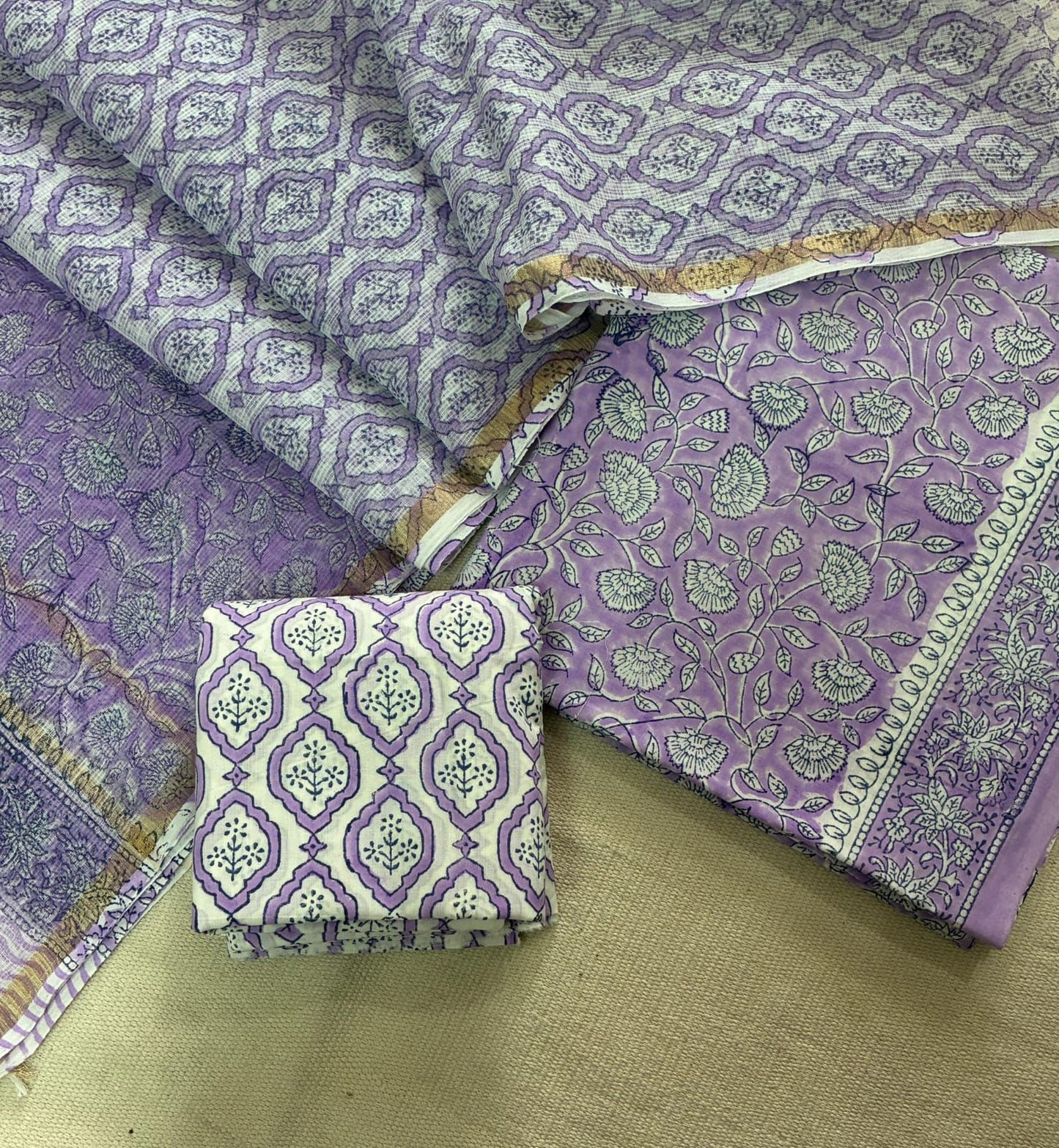 Badalbaghicha - Handblock Printed Cotton Suit Set with Kota Doriya Dupatta