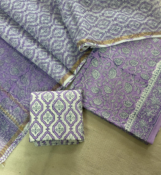 Badalbaghicha - Handblock Printed Cotton Suit Set with Kota Doriya Dupatta