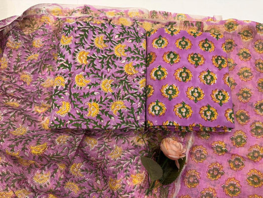 Ruhani -  Handblock Printed Cotton Suit Set with Kota Doriya Dupatta
