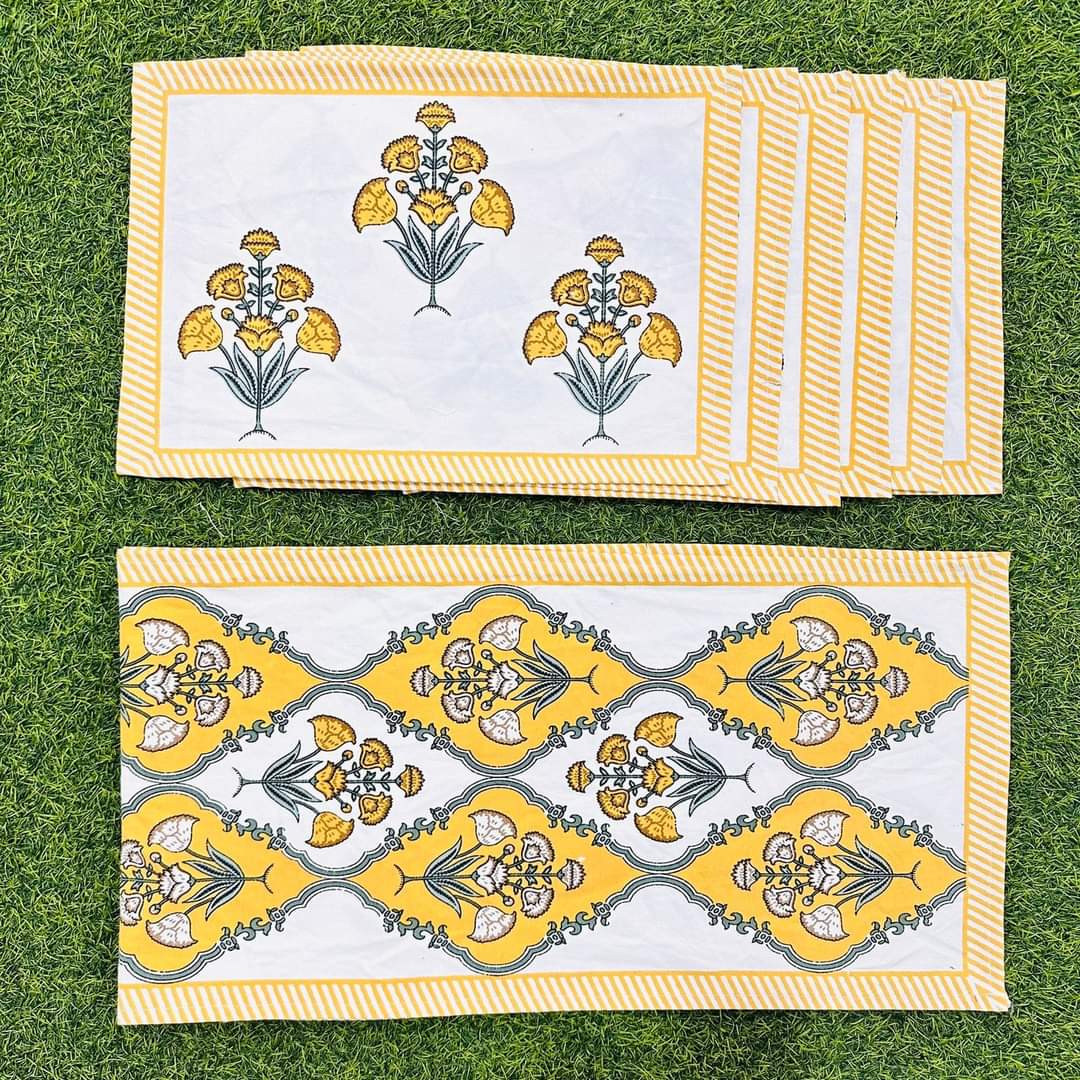 Mustedyellow - Handblock Printed 6-Seater Dining Table Set