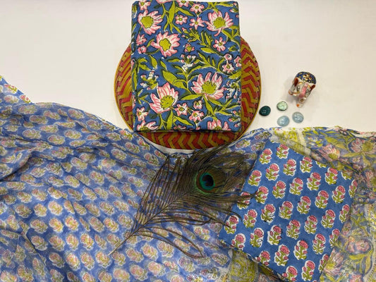 Saavan Sargam – Handblock Printed Cotton Suit Set with Chiffon Dupatta