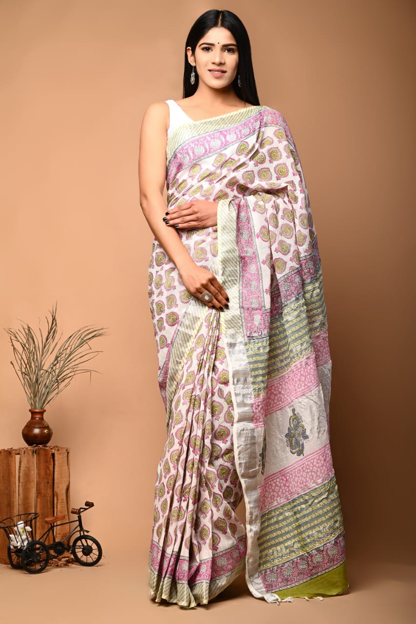 PalashPatra – Handblock Printed Linen Saree