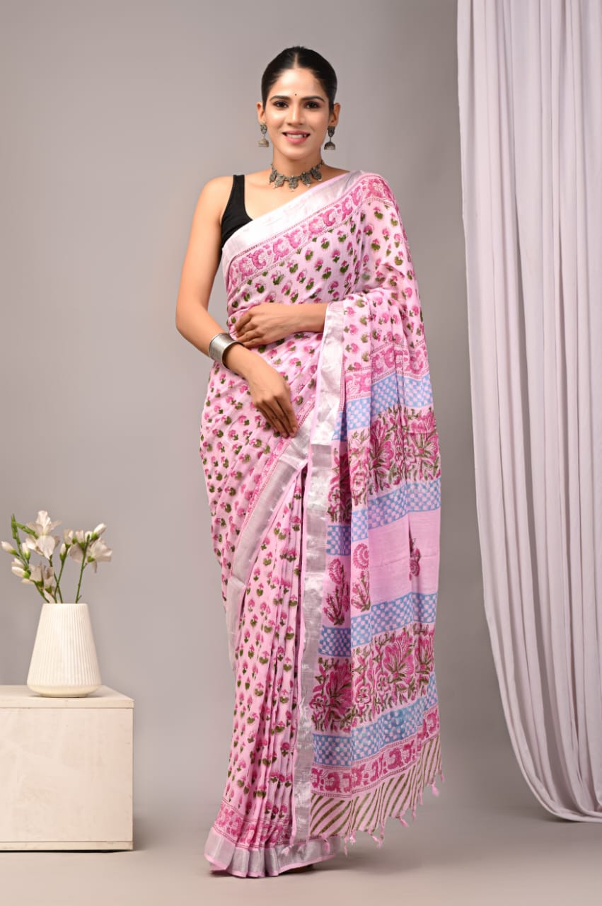 Regal Gem Handblock Printed Linen Saree
