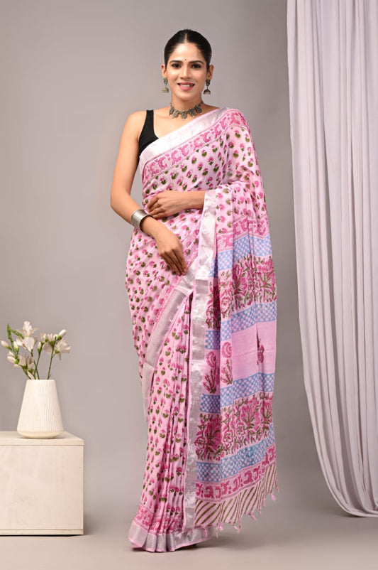 Regal Gem Handblock Printed Linen Saree