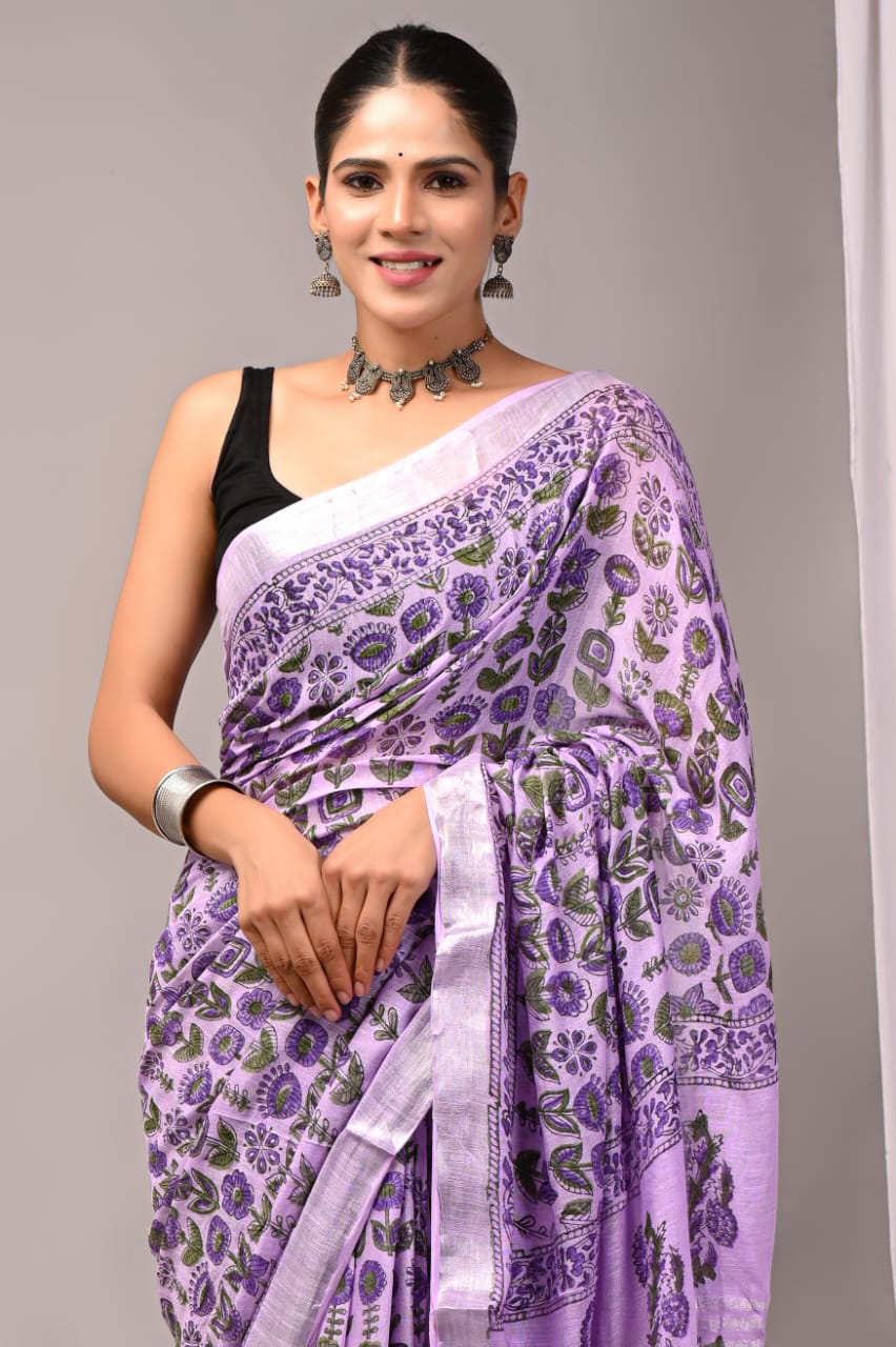 Ocean Sky Handblock Printed Linen Saree