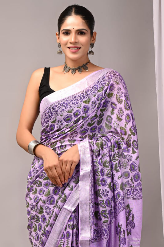 Ocean Sky Handblock Printed Linen Saree