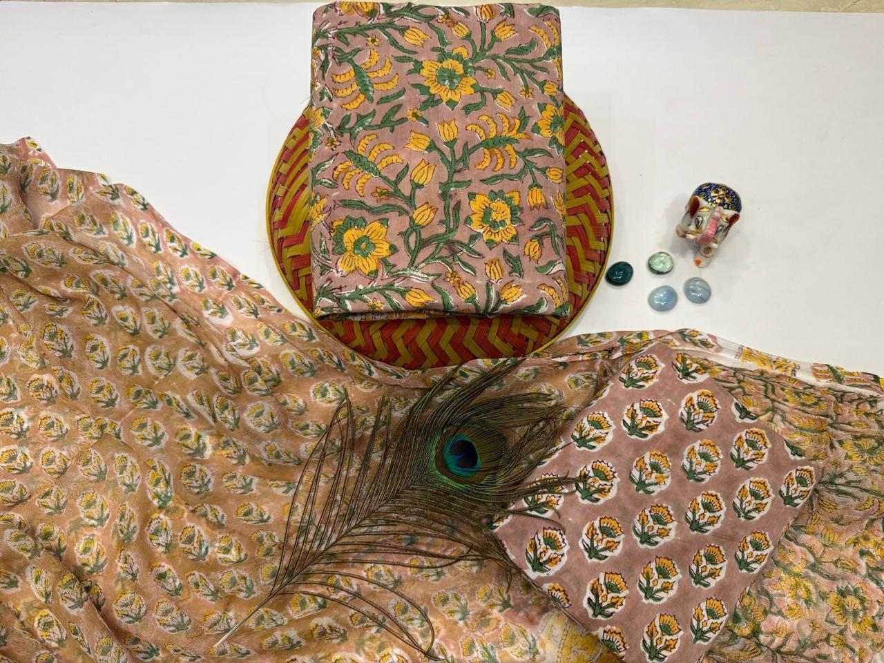 Mogra Mehfil – Handblock Printed Cotton Suit Set with Chiffon Dupatta