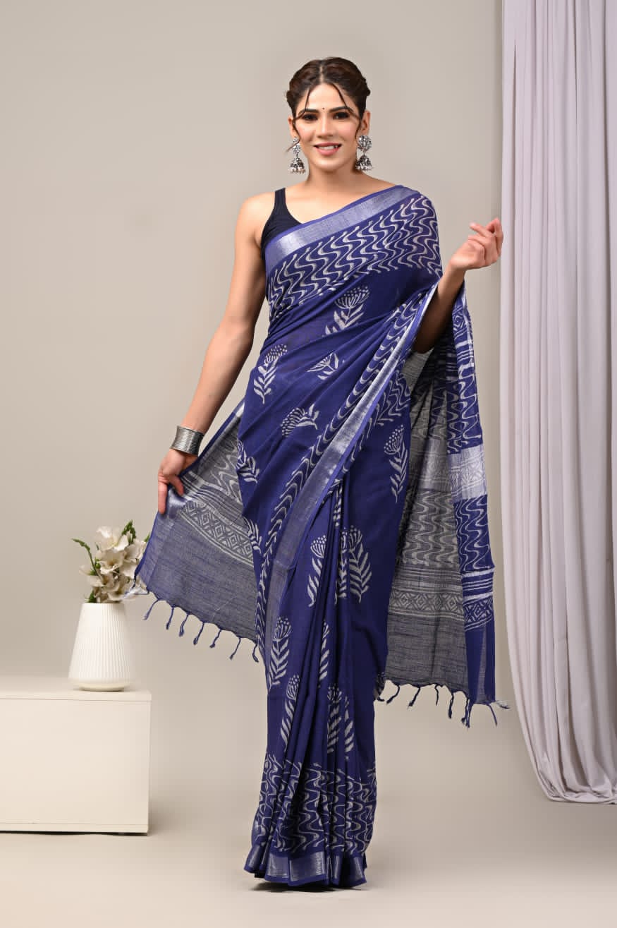 Wildflower Whimsy Handblock Printed Linen Saree