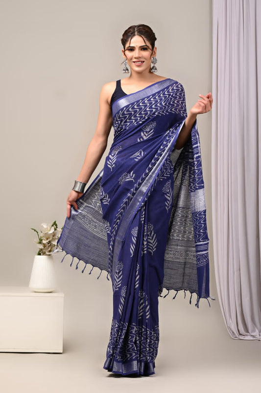 Wildflower Whimsy Handblock Printed Linen Saree
