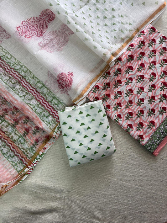 Ruba - Handblock Printed Cotton Suit Set with Kota Doriya Dupatta
