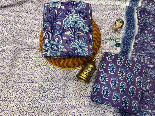 Blooming Chiffon Handblock Printed Cotton Suit Set with Chiffon duptta Dupatta