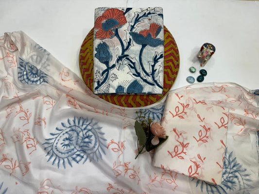 Nayab Nazm – Handblock Printed Cotton Suit Set with Chiffon Dupatta