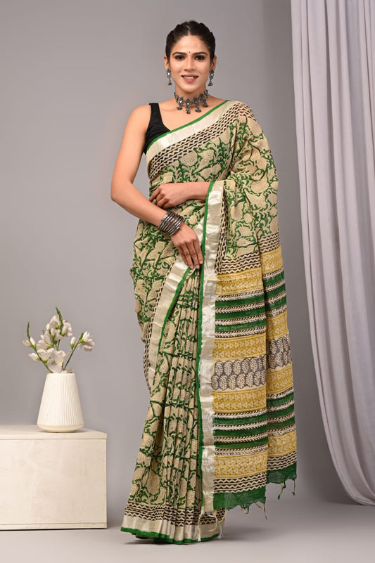 Breeze Stem Handblock Printed Linen Saree