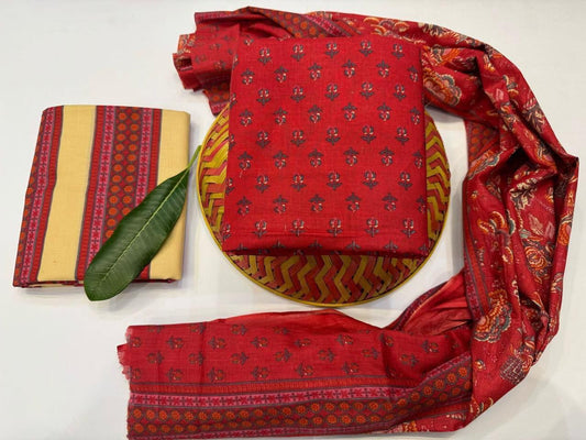 Ocean Blooms Handblock Printed Cotton Suit Set with mul mul Dupatta