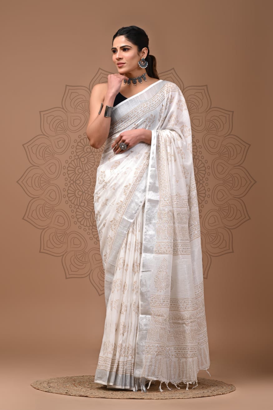 Blissful Pearl Handblock Printed Linen Saree