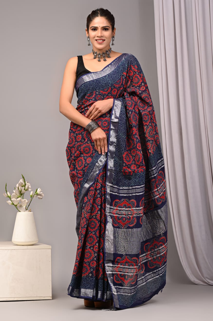 Velvet Dream Handblock Printed Linen Saree