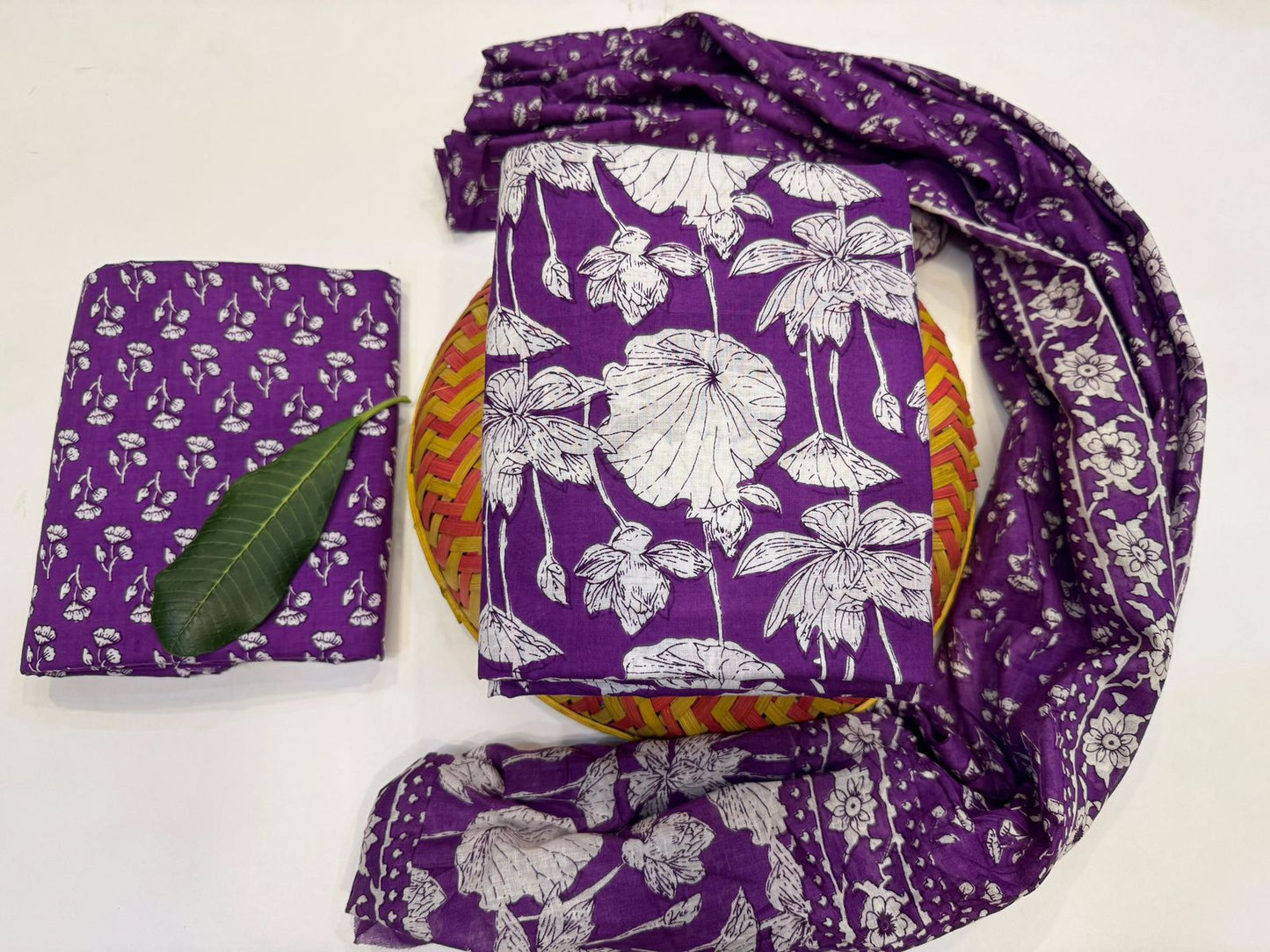Whispering Petals Handblock Printed Cotton Suit Set with mul mul Dupatta