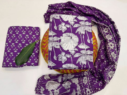 Whispering Petals Handblock Printed Cotton Suit Set with mul mul Dupatta