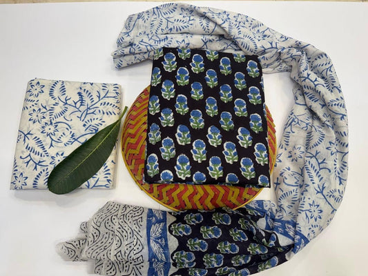 Chidiya Chant Handblock Printed Cotton Suit Set with mul mul Dupatta