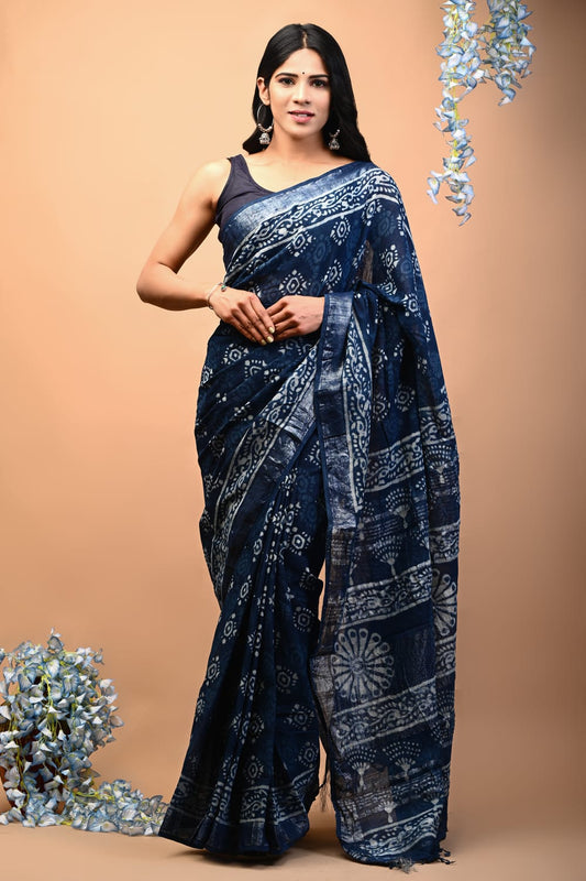 Honey Lotus Handblock Printed Linen Saree