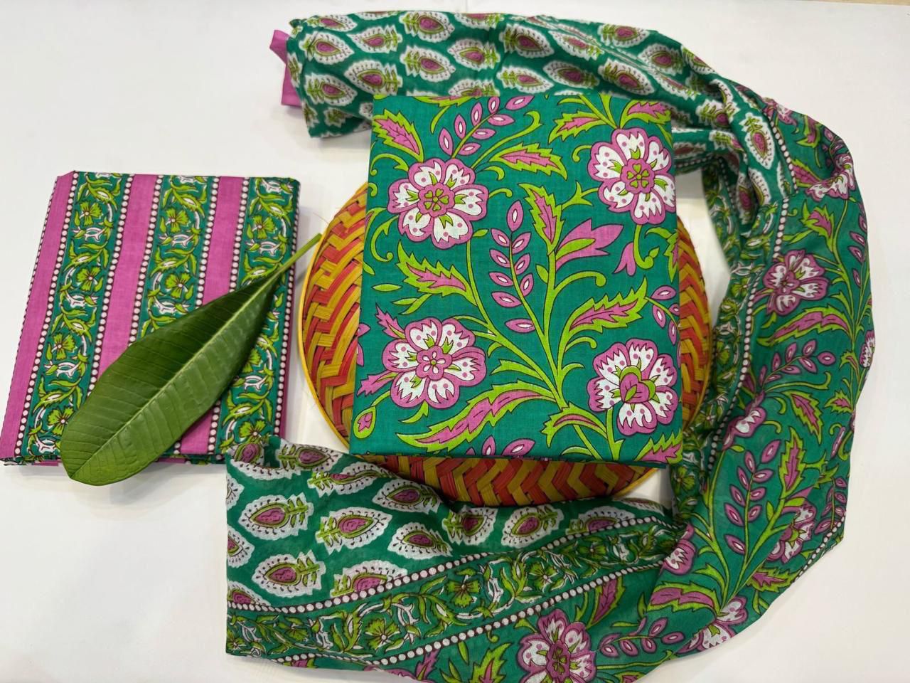 Feather Soft Bloom Handblock Printed Cotton Suit Set with mul mul Dupatta