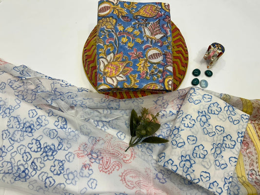 Aafreen Bloom – Handblock Printed Cotton Suit Set with Chiffon Dupatta