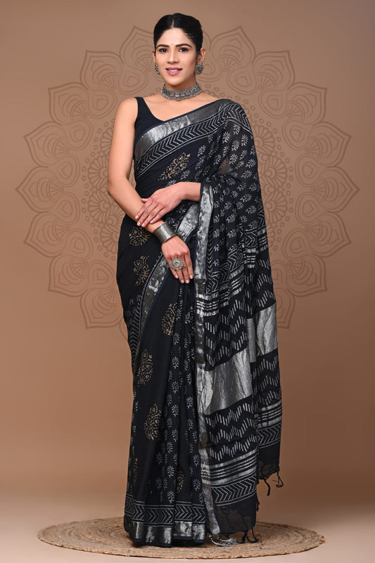 Forest Moon Handblock Printed Linen Saree