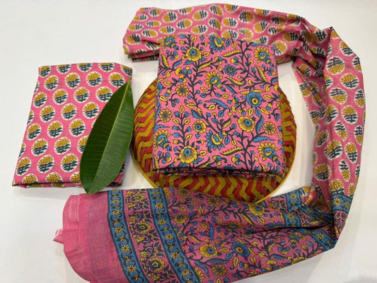 Petal Weave Handblock Printed Cotton Suit Set with mul mul Dupatta