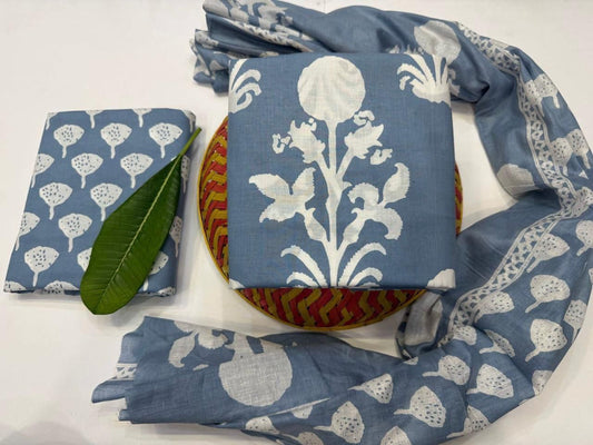 Neelpushp – Handblock Printed Cotton Suit Set with Mulmul Dupatta