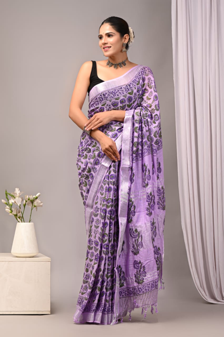 Pure Blessing Handblock Printed Linen Saree