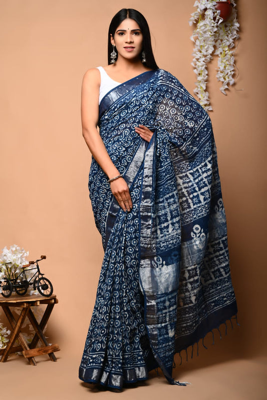Petal Star Handblock Printed Linen Saree