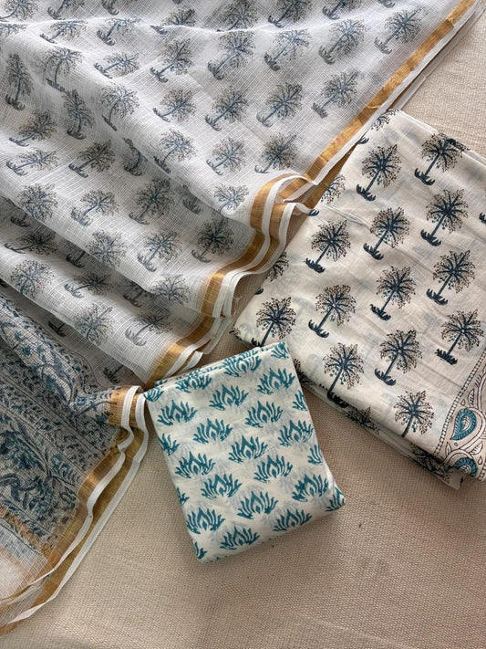 Chikankari Charm – Handblock Printed Cotton Suit Set with Kota Doriya Dupatta