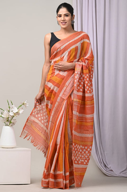 Lavender Songbird Handblock Printed Linen Saree