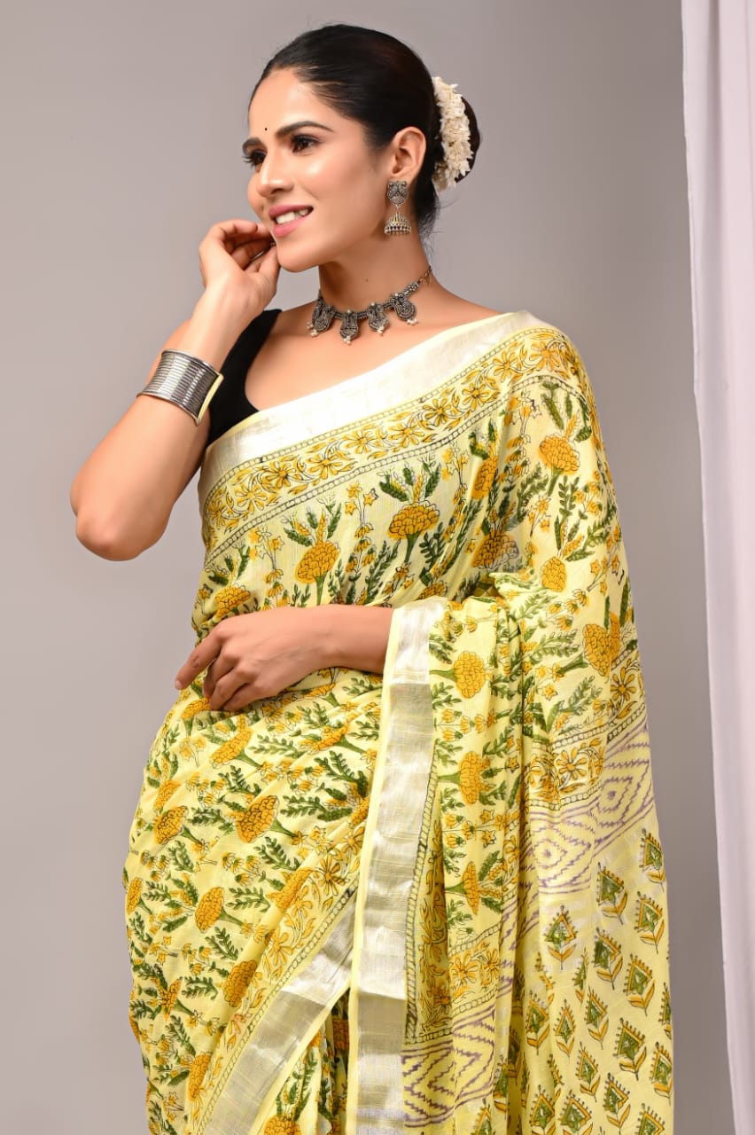 Honey Pearl Handblock Printed Linen Saree