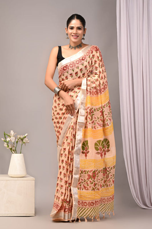 Silver Peony Handblock Printed Linen Saree