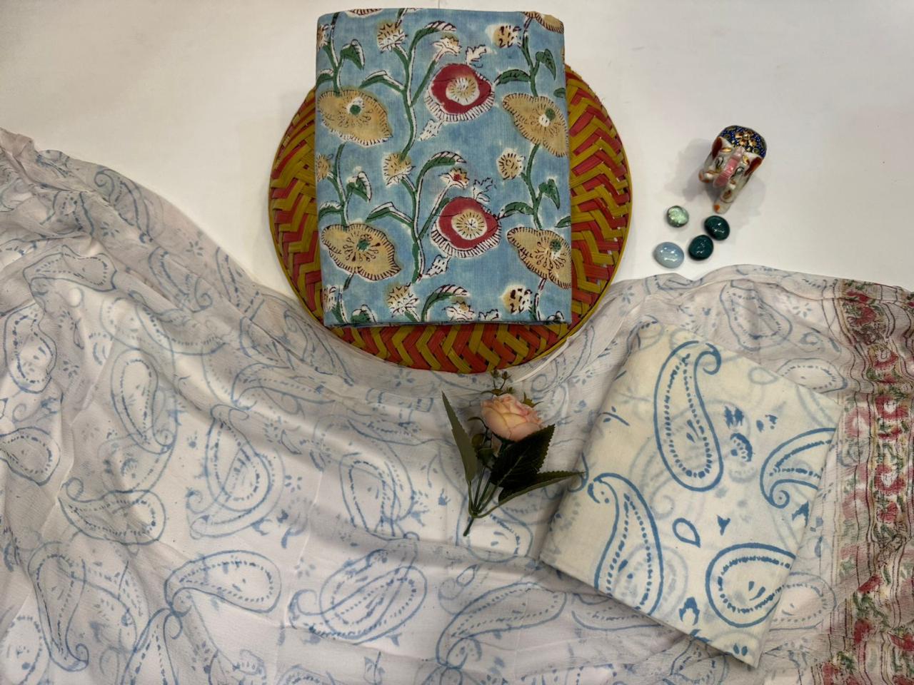 Taraab Tana – Handblock Printed Cotton Suit Set with Chiffon Dupatta