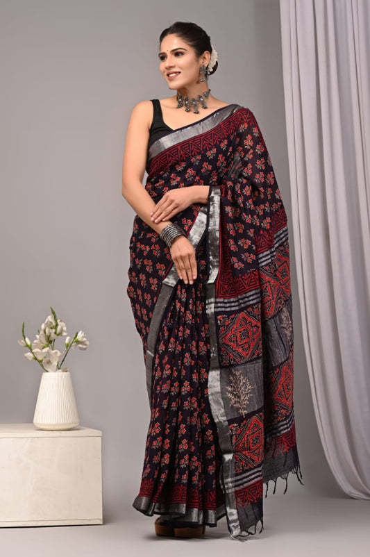 Aurora Mist Handblock Printed Linen Saree