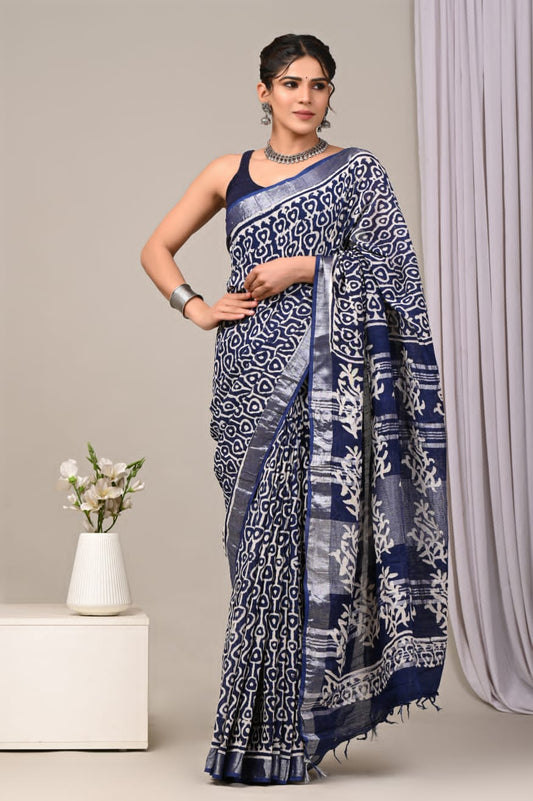 Crimson Light Handblock Printed Linen Saree