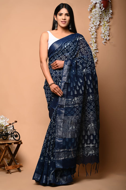 Ivoryrose Spirit Handblock Printed Linen Saree