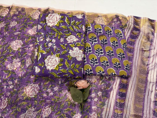 Ruba - Handblock Printed Cotton Suit Set with Kota Doriya Dupatta