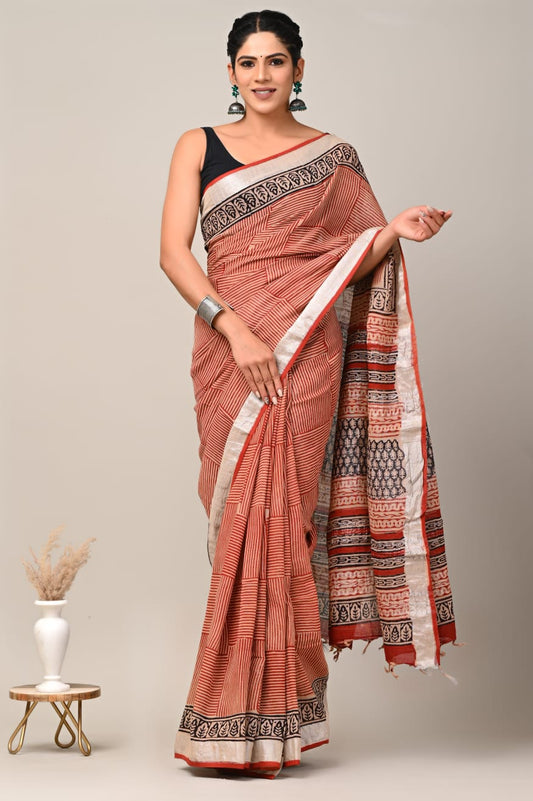 Mystic Veil Handblock Printed Linen Saree