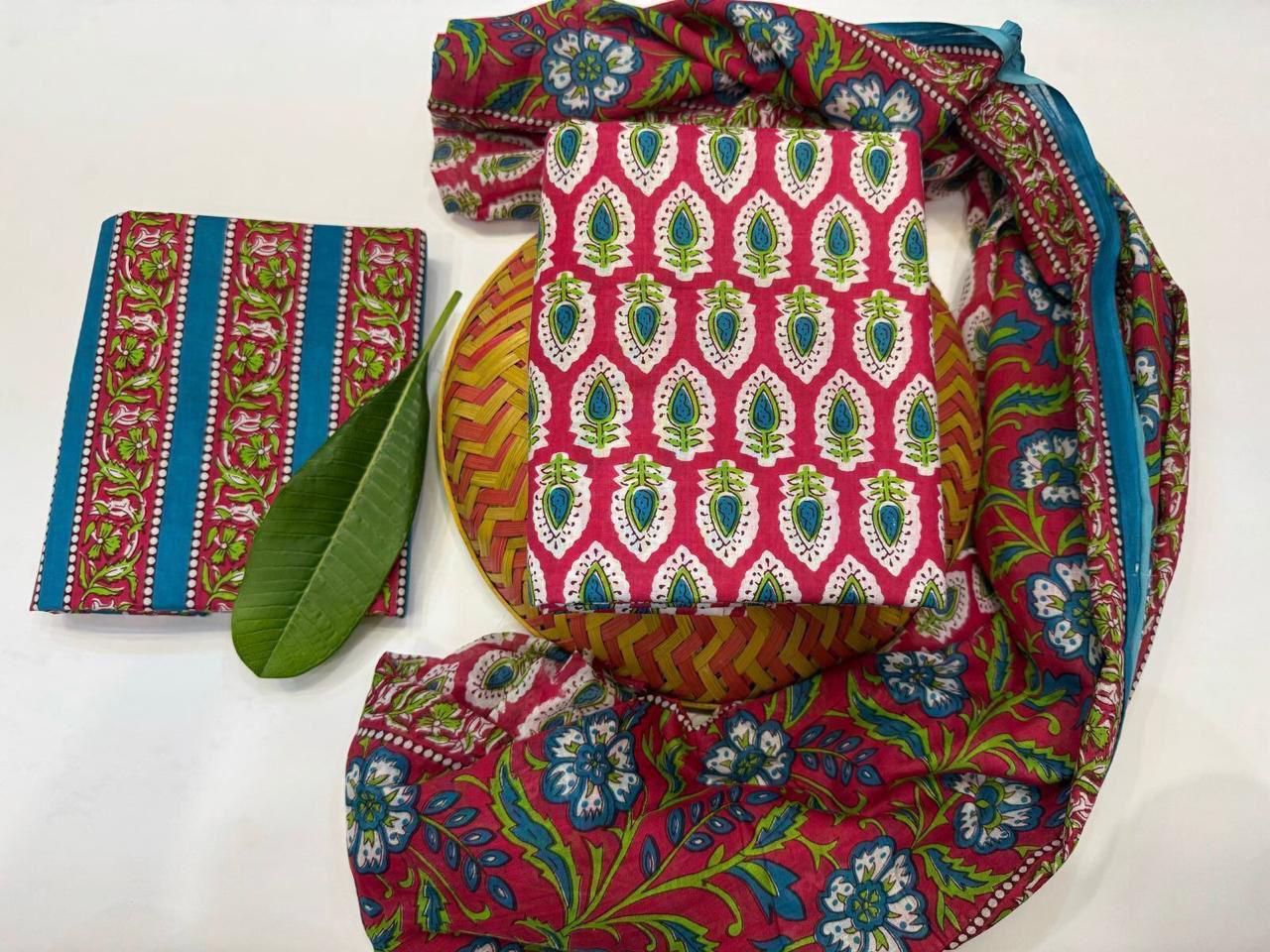 Whispering Leaves  Handblock Printed Cotton Suit Set with mul mul Dupatta