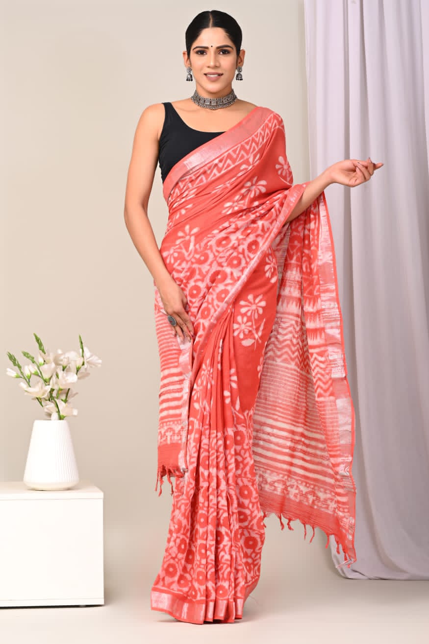 Gilded Echo Handblock Printed Linen Saree