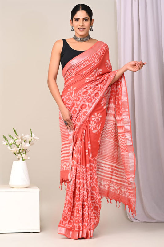 Gilded Echo Handblock Printed Linen Saree