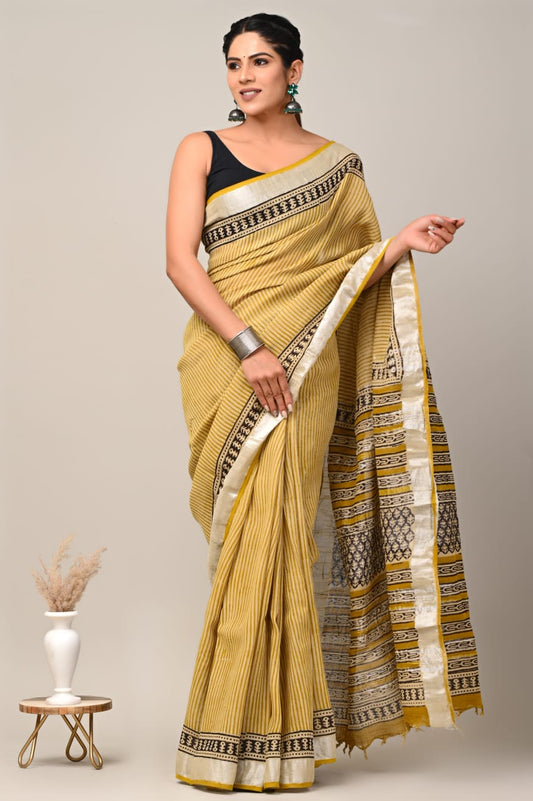 Pearl Feather Handblock Printed Linen Saree